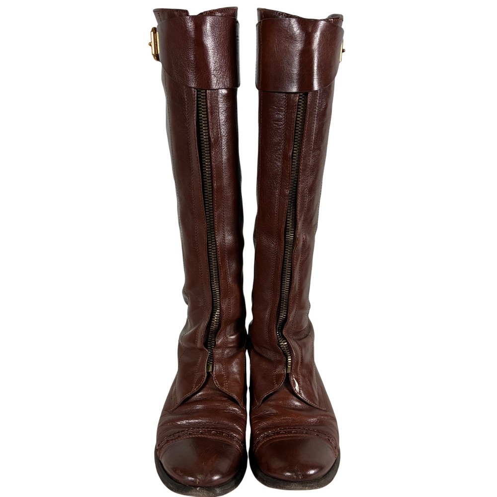 Burberry Brown Leather Front Zip Riding Boots Brogue Wingtip Italy Size 36.5